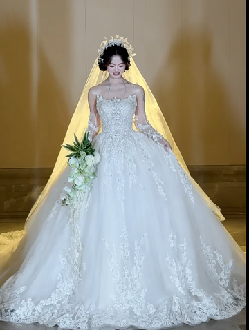 Niulatu Strapless Ball Gown Long Wedding Dresses Tulle Applique White Bridal Gowns Sleeveless Bridal Dresses HZ1026